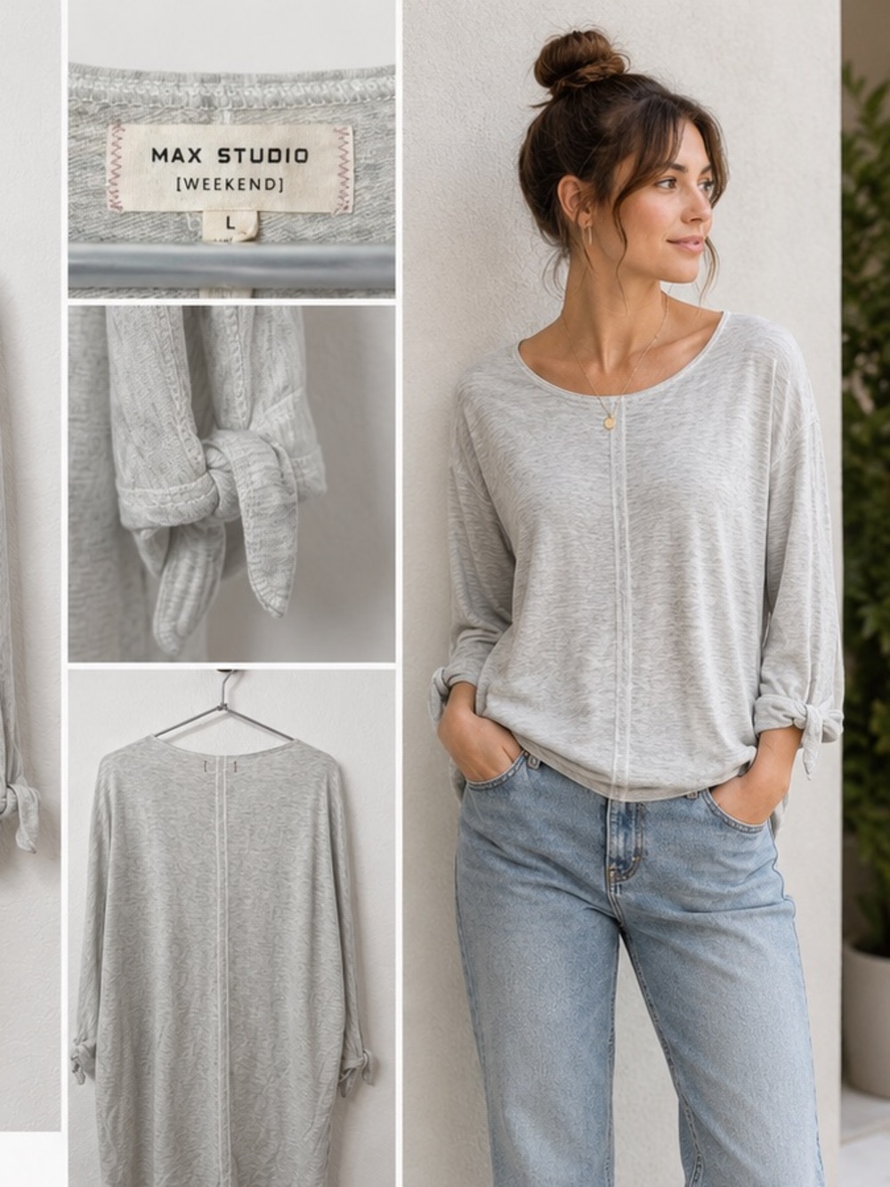 Max Studio Weekend Light Heather Gray Tie Sleeve Tunic Top Large